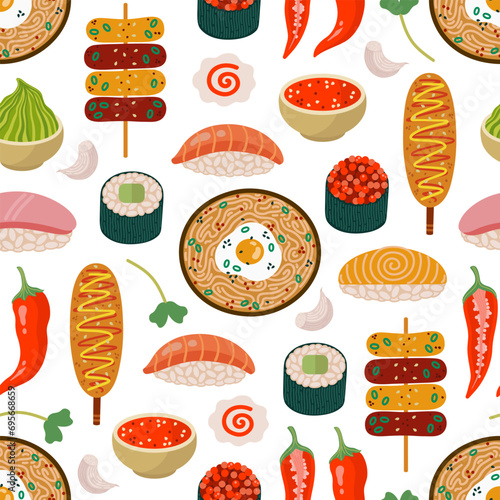 Asian food vector pattern. Tasty Japanese and Korean snacks - ramen with noodles and egg, sushi maki, corn dog, tteokbokki. Spicy seasonings - hot pepper, garlic, wasabi, sriracha. Cartoon background