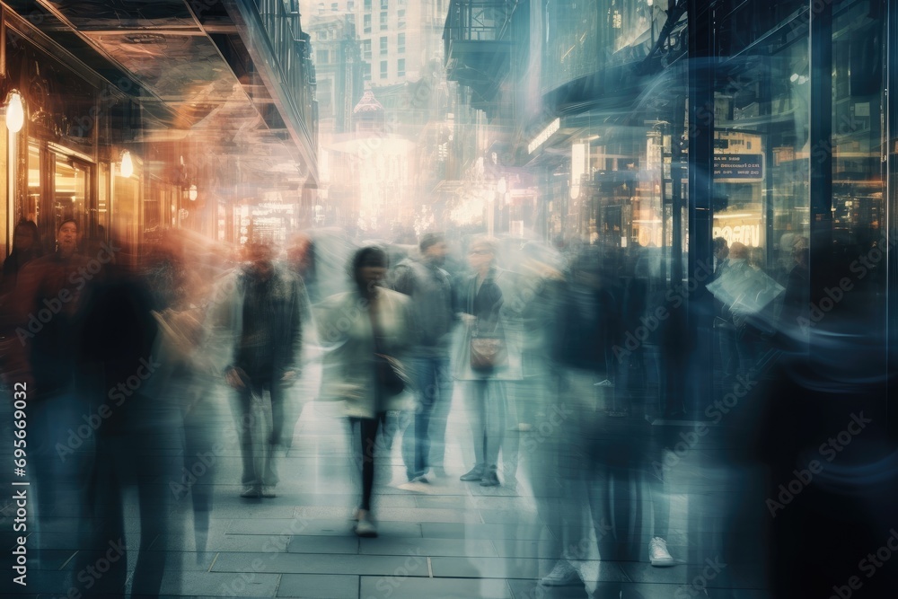 Photo capturing the ghosting effect of people walking in a busy urban setting, depicting motion and city life.