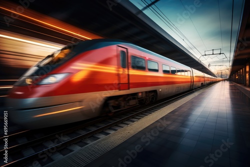 Photograph capturing the motion blur effect of a speeding train, emphasizing speed and movement.