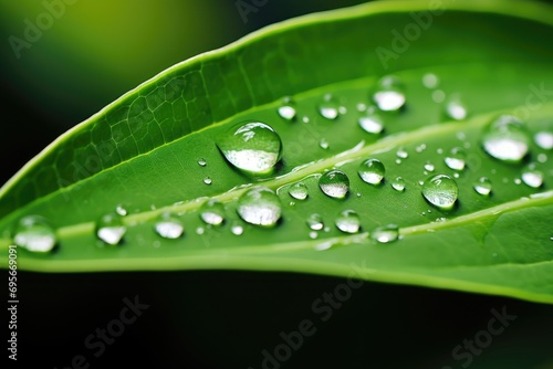 Simple composition of a dewdrop on a leaf, with a blurred green background.