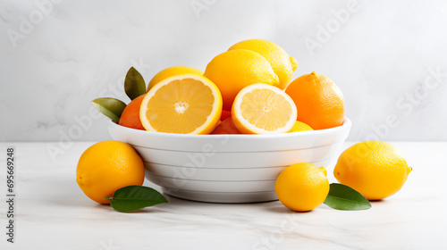 a bowl of oranges with leaves on a table