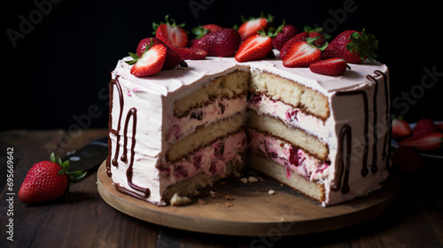 a strawberry cake with a slice taken out of it photo