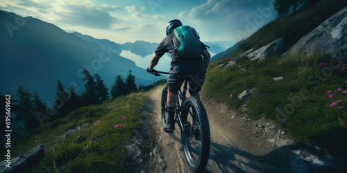 a man is riding a mountain bike down a dirt road