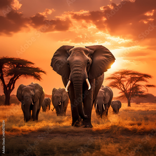 Elephant herd grazing in the golden light of an African sunset. © Cao