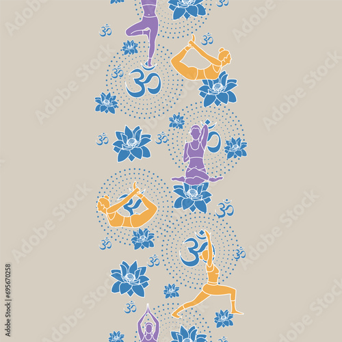 Yoga poses have a seamless pattern background with women in yoga poses. Great for healthy lifestyle and workout-inspired products, fabrics, packaging, and wallpaper projects. Healthy lifestyle.
