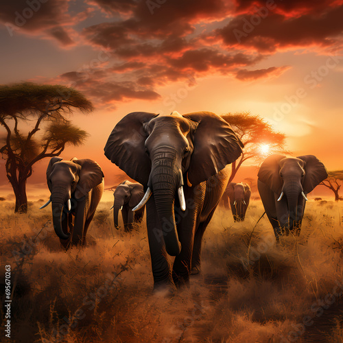 Elephant herd grazing in the golden light of an African sunset.