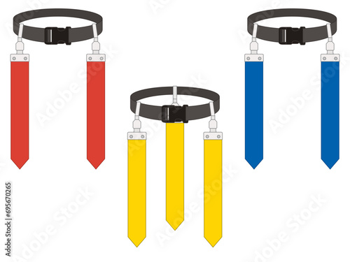 flag football, set of three flag belts in red, yellow and blue isolated on a white background