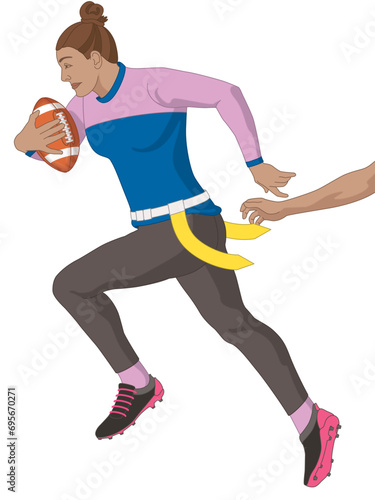 flag football, female player running with the football avoiding flag-pulling by opposition isolated on a white background