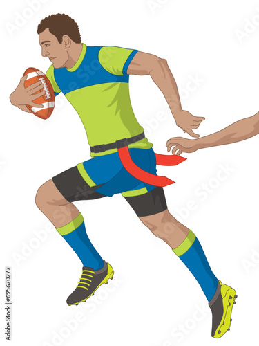 flag football, male player running with the football avoiding flag-pulling by opposition isolated on a white background