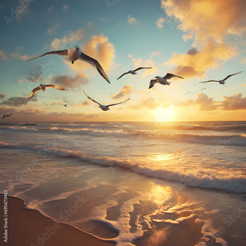 Flock of seagulls soaring gracefully over a tranquil beach.