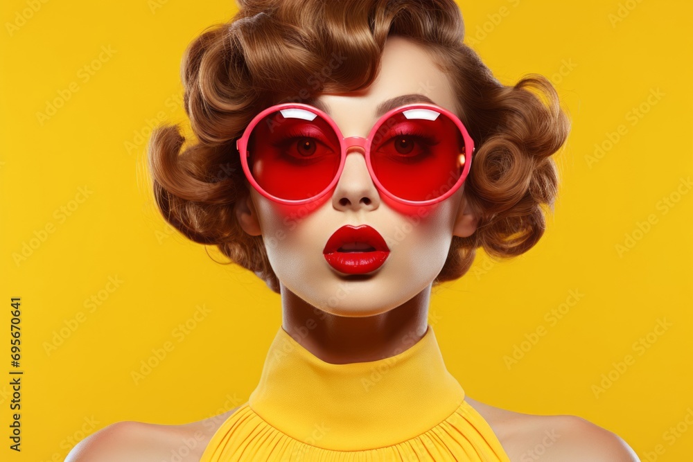 A Stylish Woman Wearing Red Sunglasses and a Yellow Dress