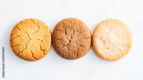 three cookies are arranged in a row on a white surface photo