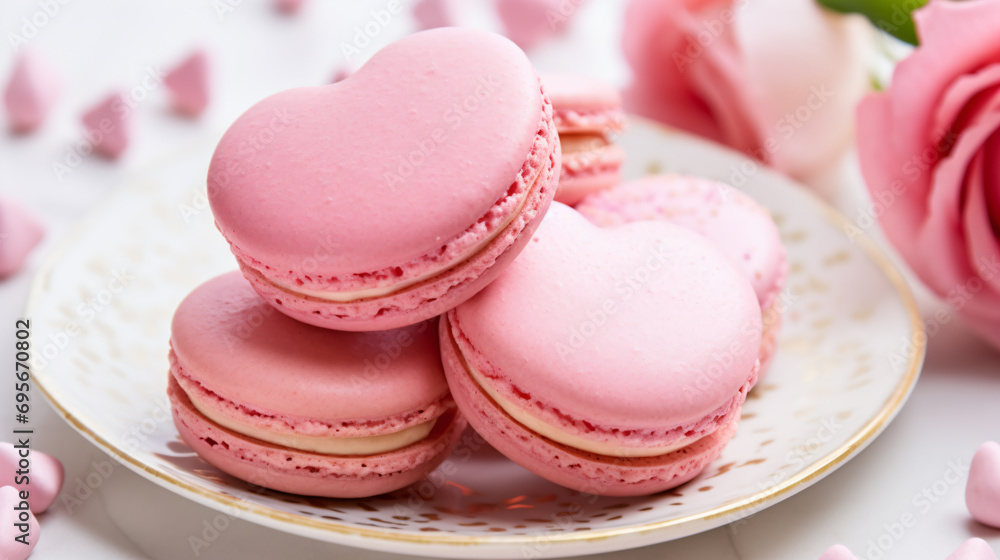 a plate with pink macarons and a pink rose a plate with pink macarons and a pink rose
