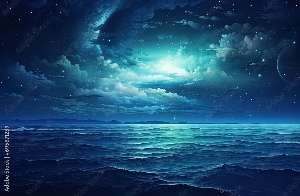 Moonlit Serenity: Dreamy Seascape in Vivid Hues, celestial beauty and maritime calmness. 
