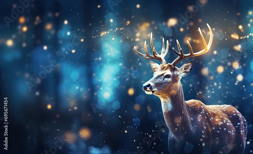 Christmas Scene: Gold Glowing Reindeer and Christmas Tree Backgrounds Wallpaper