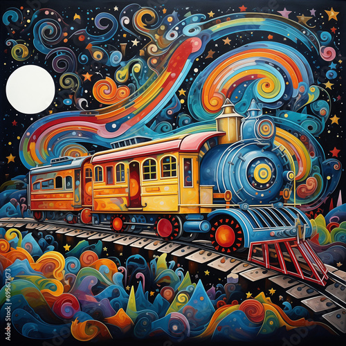 Whimsical Train Journey  Naive Style Painting in Colorful Abstract Universe