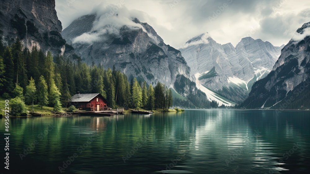 Lake Prags reflecting mountains Dolomites Italy Lake Prags reflecting mountains Dolomites Italy