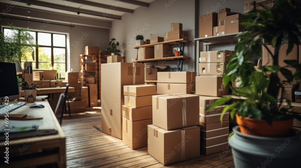 Cheerful employee using adhesive tape to pack cardboard box, preparing clients packages for delivery in warehouse. Cheerful employee using adhesive tape to pack cardboard box, preparing clients packages for delivery in warehouse.