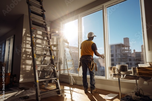 African American Worker Replacing the Windows in an Apartmen