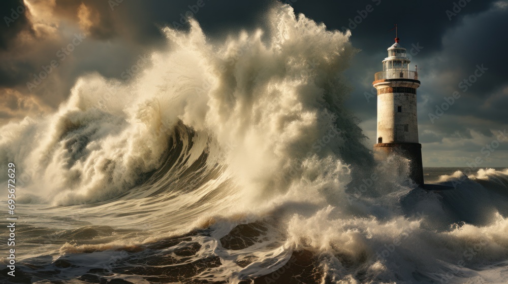 On the seashore, there was a big wave. above the lighthouse