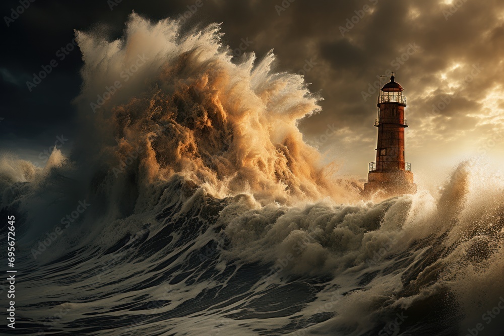On the seashore, there was a big wave. above the lighthouse
