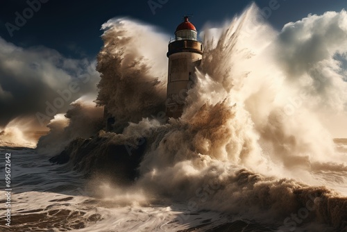 On the seashore, there was a big wave. above the lighthouse © sirisakboakaew