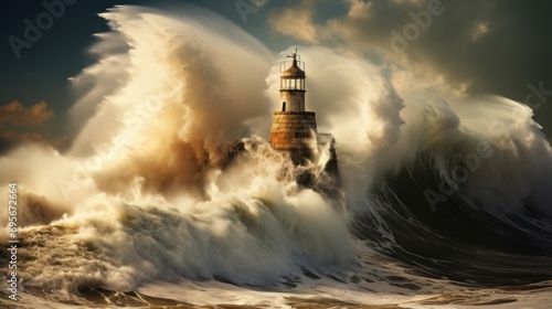 On the seashore  there was a big wave. above the lighthouse