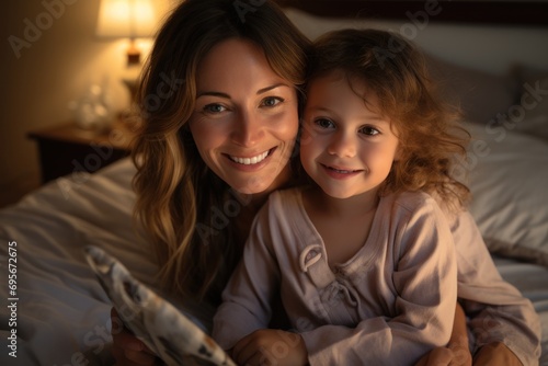 Mother with two daughters holding mobile phone and relaxing in bed at home