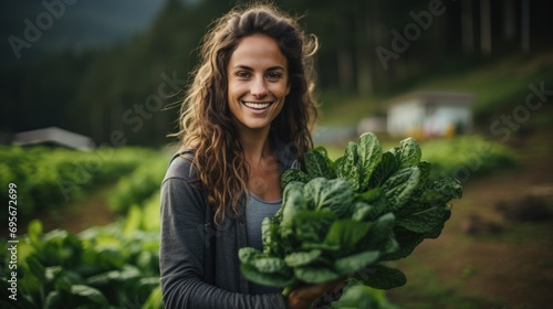 Smiling young Eurasian woman holding freshly harvested chard from homegrown organic garden. photo