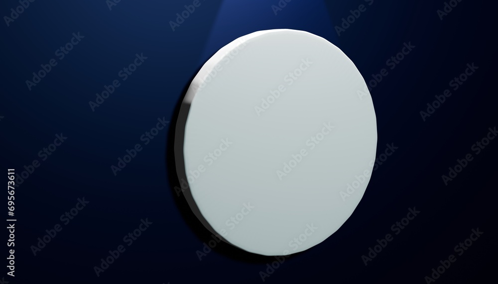3d background for logo mockup, white circle on dark blue background with a spot light in center from top, 3d render