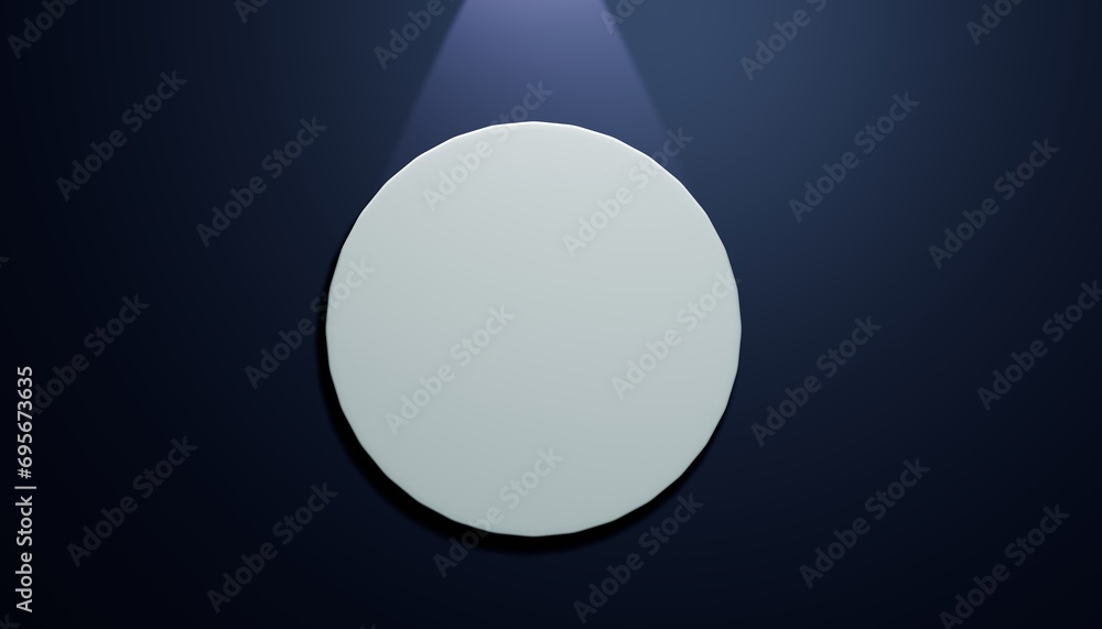 3d background for logo mockup, white circle on dark blue background with a spot light in center from top, 3d render