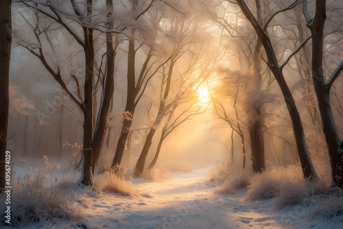 A scene of a tranquility of a winter forest at sunrise