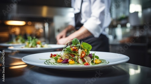 Plant-Based Artistry: Culinary Excellence of a Professional Chef Crafting a Fresh and Colorful Salad with Feta Cheese, Showcasing Expertise in Gourmet and Nutrient-Rich Cuisine.