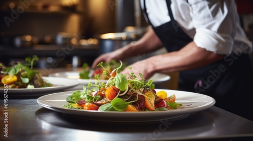 Plant-Based Artistry  Culinary Excellence of a Professional Chef Crafting a Fresh and Colorful Salad  Showcasing Expertise in Gourmet and Nutrient-Rich Cuisine.
