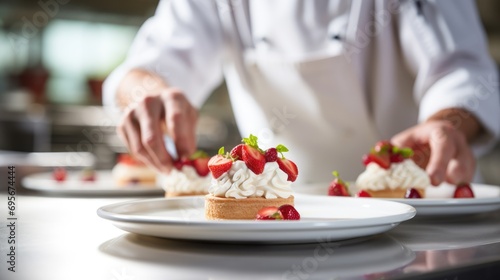 Crafting Culinary Magic: Chef's Artful Preparation of Cheesecake Topped with Fresh Strawberries and Whipped Cream - Indulgence at Its Finest.