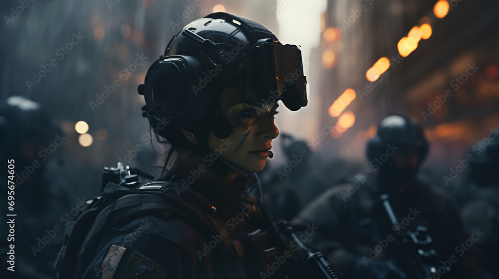 Woman with helmet and combat suit. Woman with helmet and combat suit.