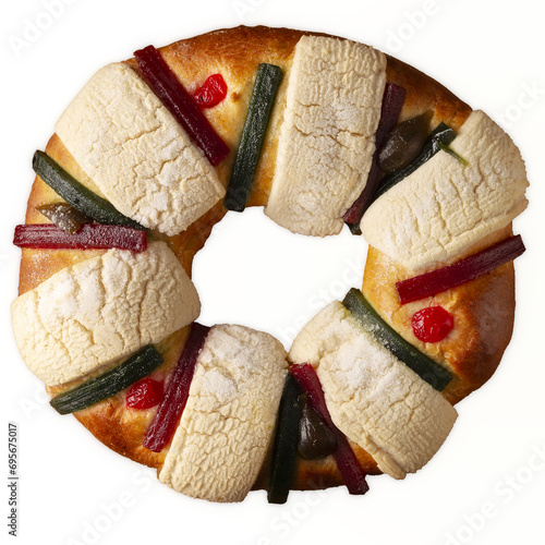 Three Kings Bread also called Rosca de Reyes, Roscon, Epiphany Cake, traditionally served with hot chocolate in a clay Jarrito. Mexican tradition on January 5th.