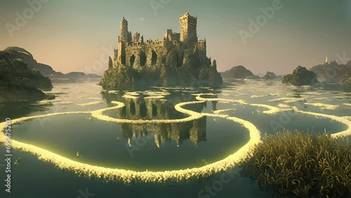 step onto shore Labyrinthine Luminescence Lagoon, immediately transported mystical world. lagoon enveloped towering walls illuminated seaweed, twisting turning gentle 2d animation photo