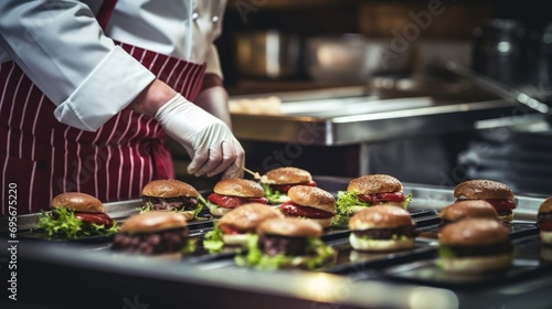 Savor the Flavor: Chef Demonstrating His Culinary Expertise in a Professional Kitchen While Preparing Mouthwatering Burgers.