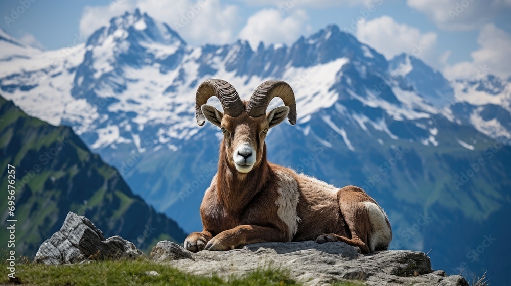 Majestic Alps Wildlife: Discover the beauty of an  Argali in the Swiss Alps, a specie that harmoniously contribute to the ecological richness of this majestic mountainous habitat.