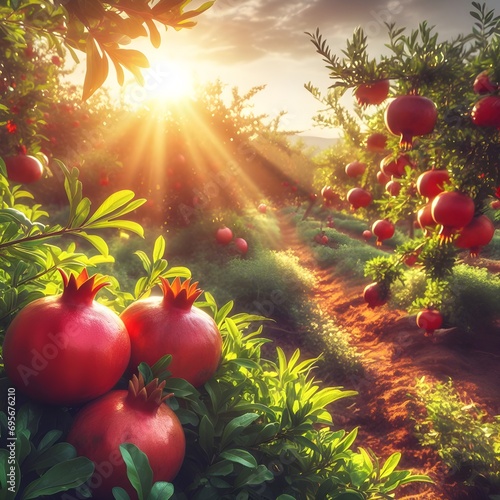 A pomegranate fruit garden with sunny sunlight 