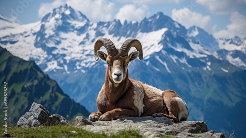Majestic Alps Wildlife: Discover the beauty of an  Argali in the Swiss Alps, a specie that harmoniously contribute to the ecological richness of this majestic mountainous habitat. photo