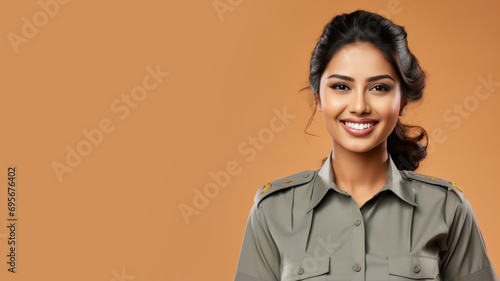 Indian woman in prison officer uniform isolated on pastel background photo