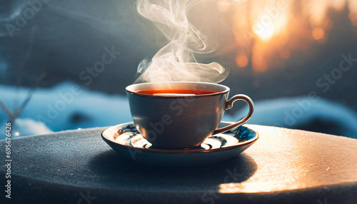 Portrait shot of a steaming cup of tea on a cold evening.AI-enhanced serenity, immersive beauty, comforting allure. photo