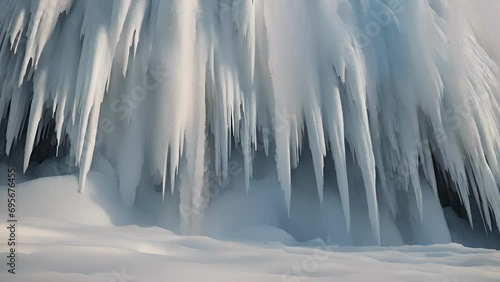 Zooming frozen waterfall, revealing columnar jointing that gives waterfall distinctive shape. photo