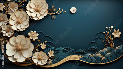 Blue and gold color scheme Chinese new year background illustration 3d paper technic with copy space. Luxury oriental style blue tone template background.