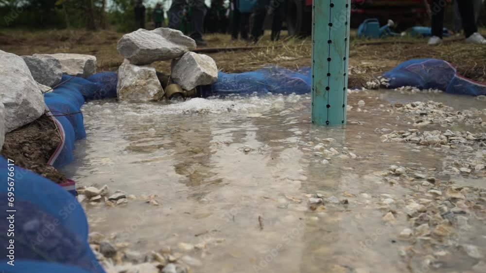 Villagers are filling up an earthen well with blue plastic pipes and surrounded by rocks, creating an underground water bank. Villagers are filling up an earthen well with blue plastic pipes and surrounded by rocks, creating an underground water bank.