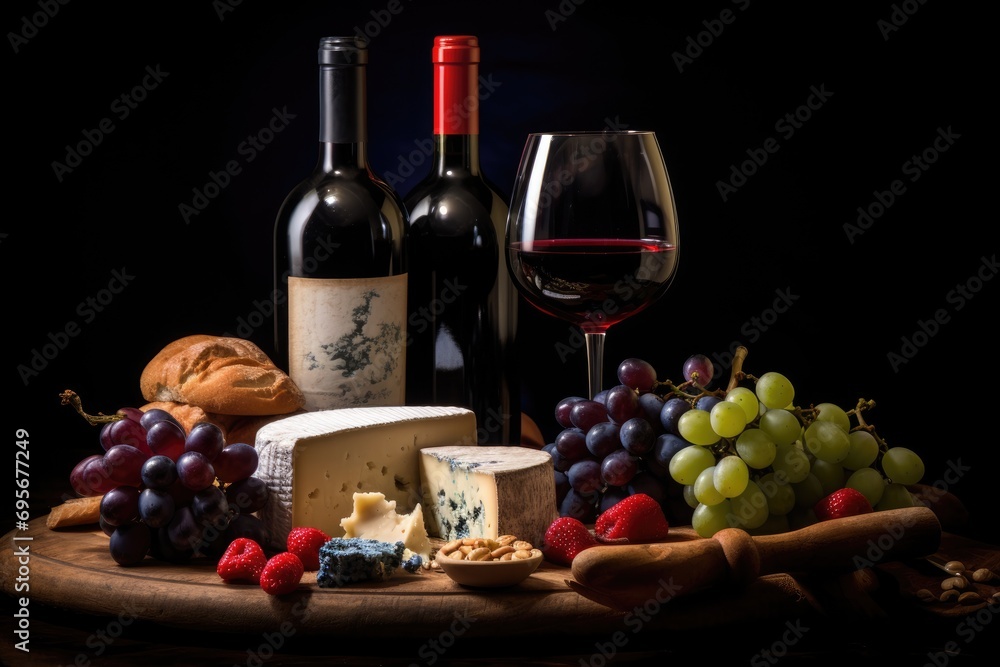 Wine Elegance: A Bottle of Red Wine, Cheese, and Grapes Composition.

