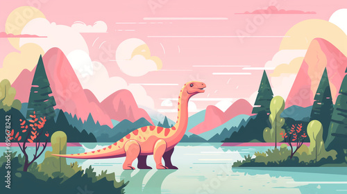  a dinosaur seamlessly integrated into a natural pink color landscape © Sajib