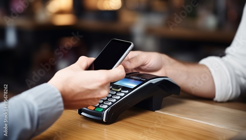 Close up view at hand hold mobile phone, touch a credit card reader on the counter inside the coffee shop. Cashless payment concept. photo